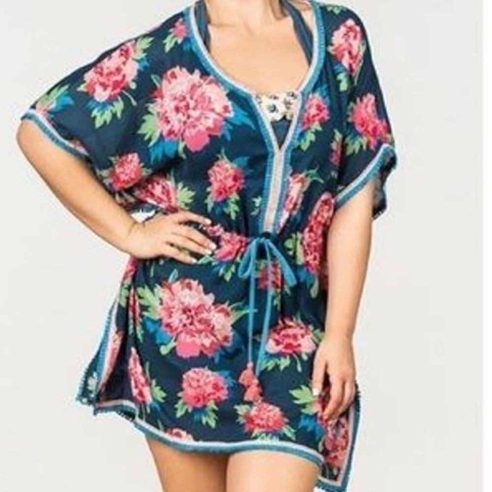 Matilda Jane Women's Medium Cool Shade Coverup ~ Floral Fringed Cotton Beach Med